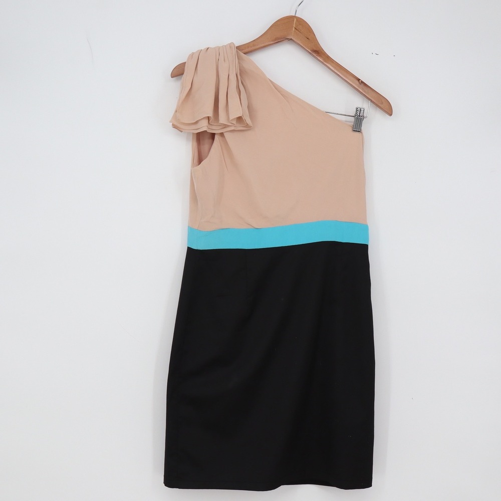 Minuet Dress Women L One Shoulder Tan Black Turquoise Silk Excellent